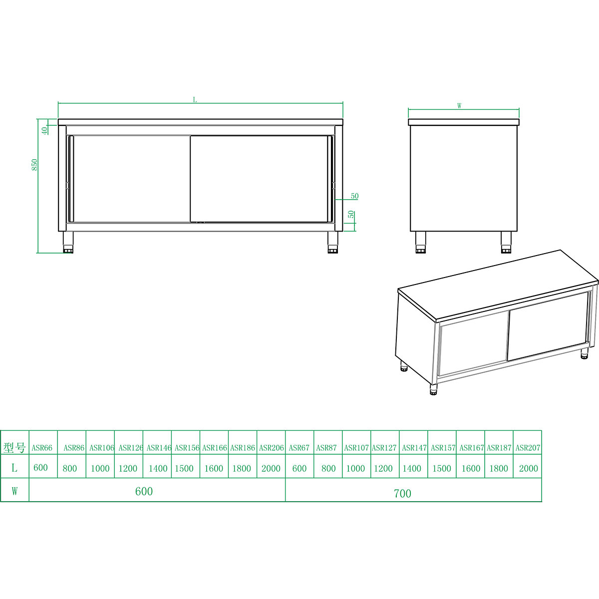 Commercial Worktop Floor Cupboard Sliding doors Stainless steel Width 1800mm Depth 600mm |  THASR186