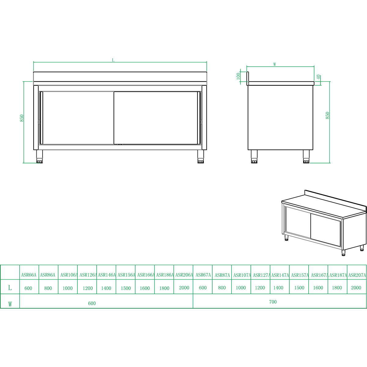 Commercial Worktop Floor Cupboard Sliding doors Stainless steel Width 1400mm Depth 700mm Upstand |  THASR147A