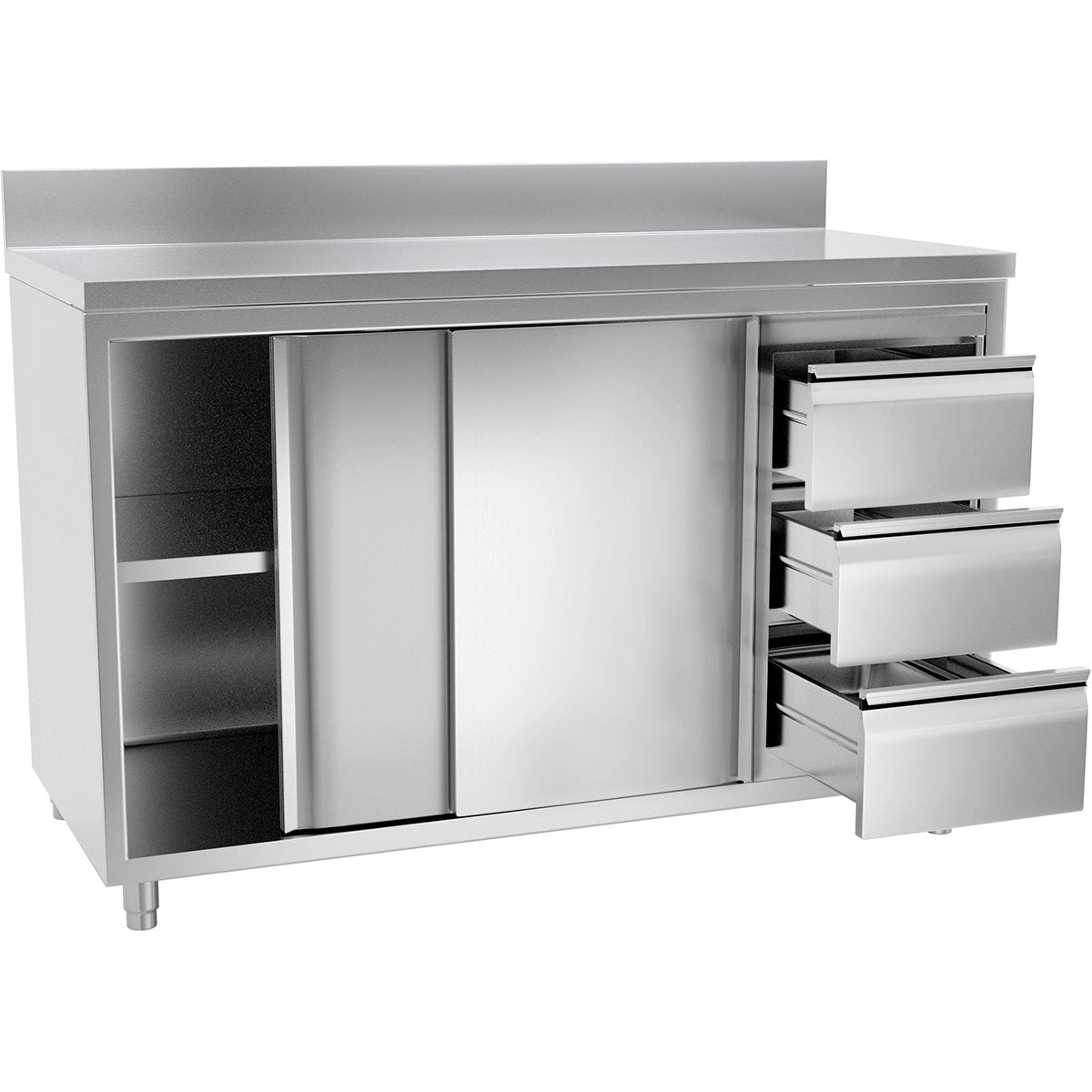 Commercial Worktop Floor Cupboard Sliding doors 3 Drawers Stainless steel Width 2000mm Depth 600mm Upstand |  VTC206R3B