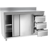 Commercial Worktop Floor Cupboard Sliding doors 3 Drawers Stainless steel Width 2000mm Depth 600mm Upstand |  VTC206R3B