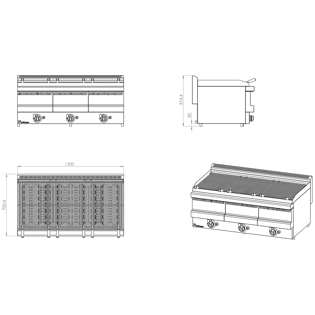 Professional Vapour Grill Gas on Open base 9 burners 33kW |  VG1270GT-KS12070