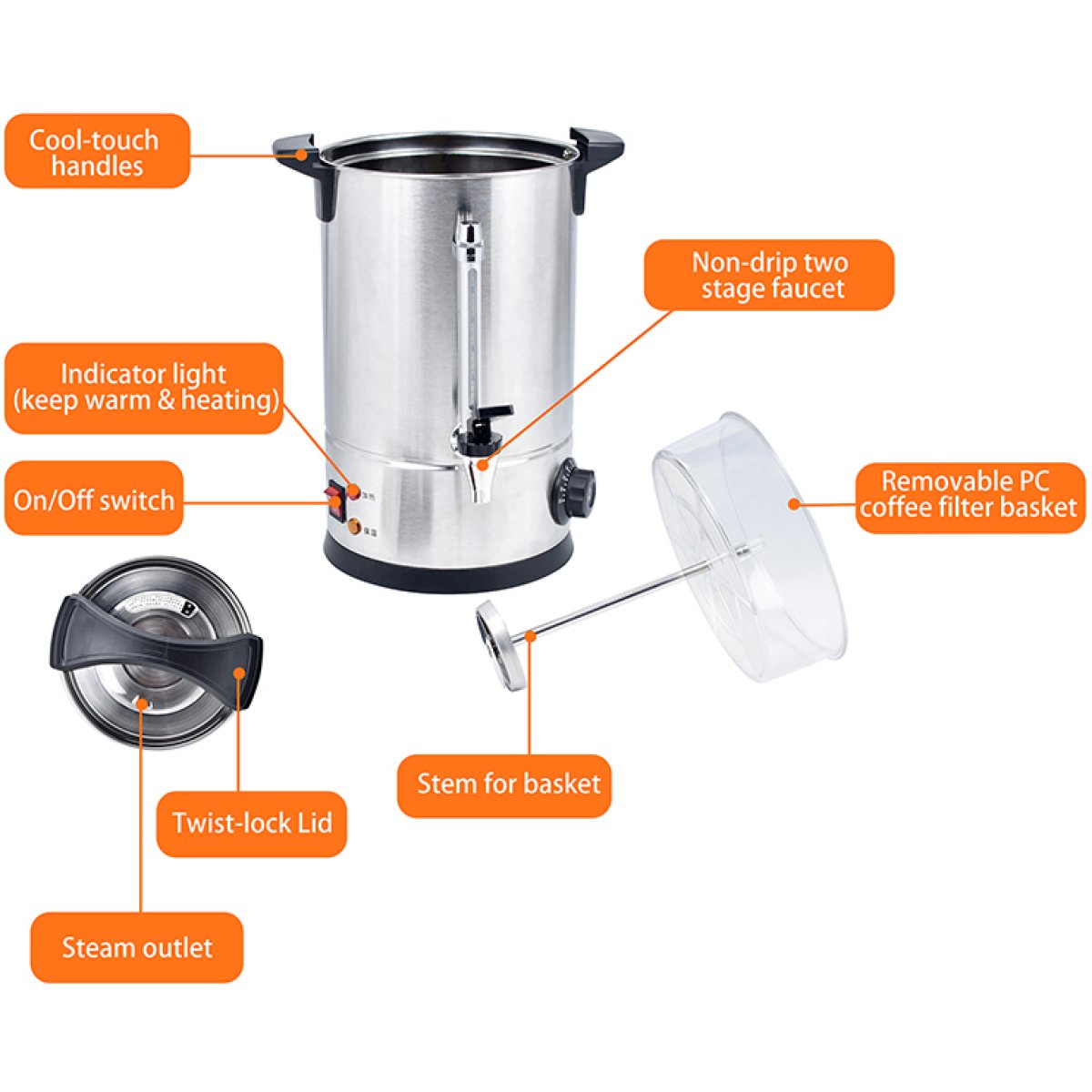 Commercial Double wall Coffee Urn with Boil-dry protection 25 litres 1.6kW |  VICWBQ25