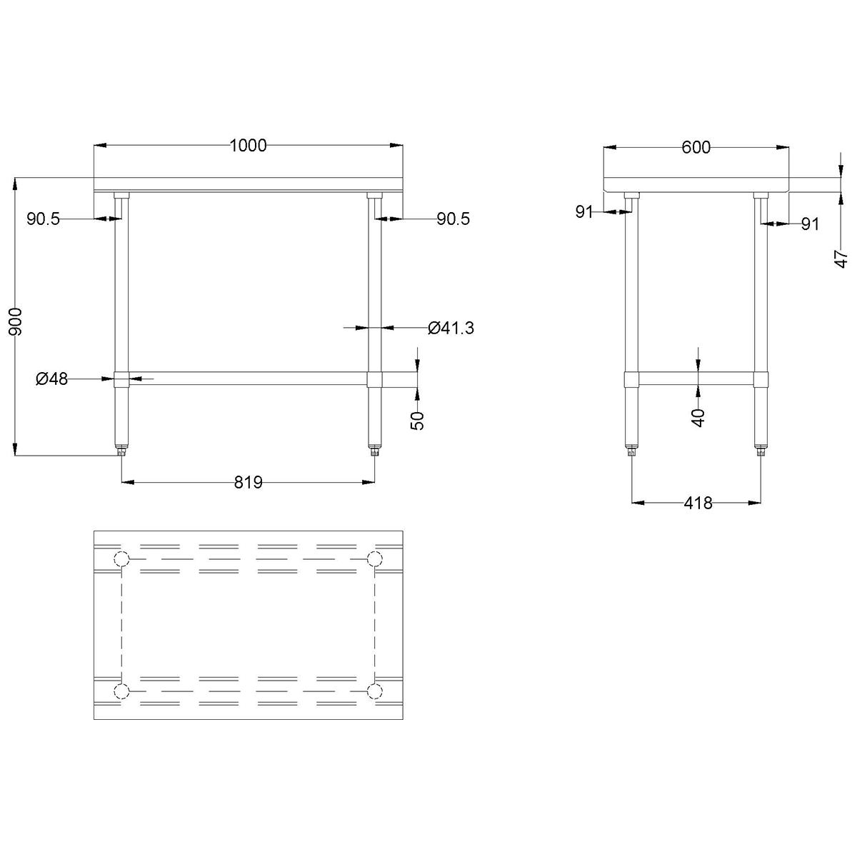 Commercial Work table Stainless steel Bottom shelf 600x600x900mm |  WTG600X600